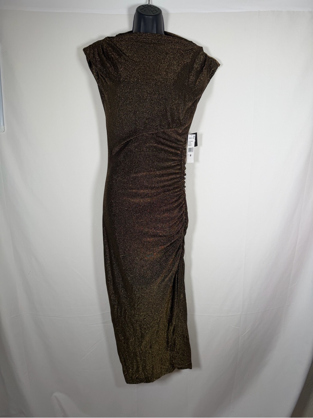 Robbie Bee Metallic Brown Ruched Cap-Sleeve Gown - Wedding Guest, Black Tie